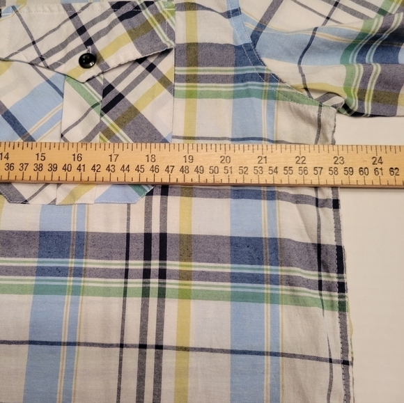 American Fusion Gear Mens Large Short Sleeve Shirt Blue Green Plaid Button Up - Picture 3 of 5